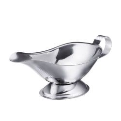 Salsera de acero inoxidable con asa, sobre fondo blanco.