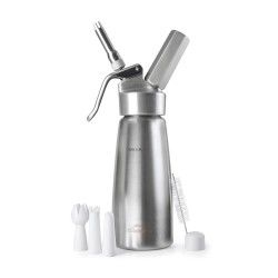 Dispensador de crema batida de acero inoxidable con tres puntas y cepillo de limpieza.