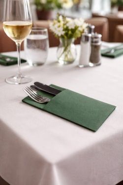 Puesta de mesa: tenedor, cuchillo en servilleta verde, copa de vino, vaso de agua, flores.