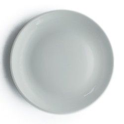 Plato de cerámica blanco, poco profundo.