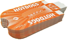 Pila de envases de papel para hot dogs de color naranja con la palabra 