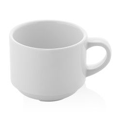 Taza de café de cerámica blanca con asa.