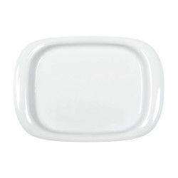 Fuente para servir de cerámica blanca, rectangular, con esquinas redondeadas.