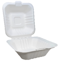Contenedor de alimentos tipo almeja blanco abierto, biodegradable.