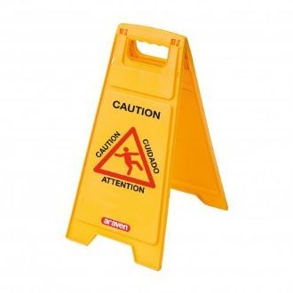 Señal amarilla de “Precaución: Piso mojado”, con ícono de una persona cayendo.