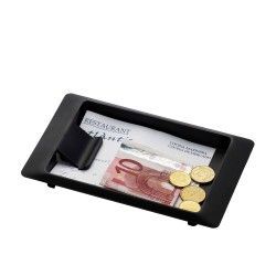 Bandeja para tablero de automóvil de color negro que contiene efectivo, monedas y un recibo.