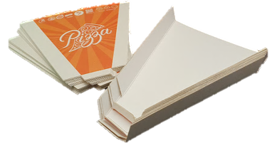 Porta rebanadas de pizza de color blanco y naranja, apilados y listos para usar.