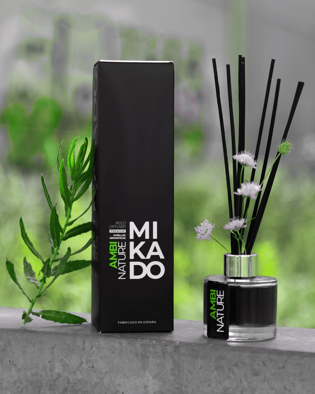 Difusor de varillas Mikado negro con caja, varillas negras, flores blancas y follaje verde.