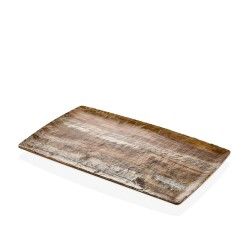 Bandeja de servicio rectangular de madera con acabado envejecido.