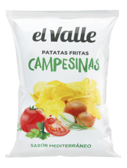 Bolsa de papas fritas El Valle Campesinas con tomate y totopos visibles.