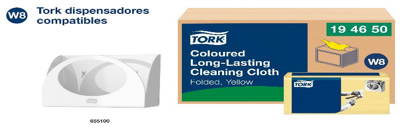 Dispensador Tork blanco y caja de paños de limpieza amarillos con el nombre de la marca.