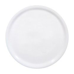 Plato blanco, circular; plato poco profundo, probablemente para comida.