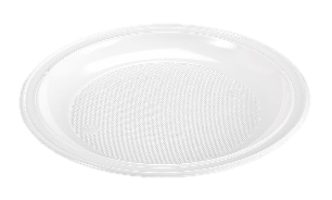 Plato desechable de plástico transparente con centro texturizado y borde estriado.