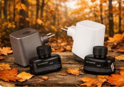 Dos ambientadores y adaptadores se encuentran sobre una superficie de madera con hojas de otoño como fondo.