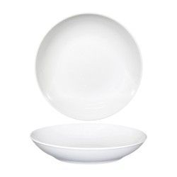 Dos platos blancos y redondos, uno visto desde arriba y el otro desde un lado.