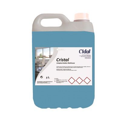 Envase de limpiador multisuperficies Cidral Cristal azul de 5L, etiqueta blanca, símbolos de peligrosidad.
