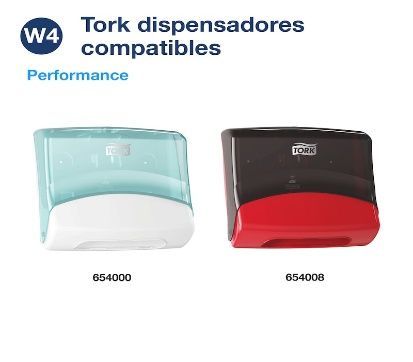 Dos dispensadores de toallas de papel Tork: uno transparente y blanco y otro negro y rojo, ambos etiquetados con números de modelo.