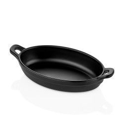 Cacerola ovalada de color negro con asas.