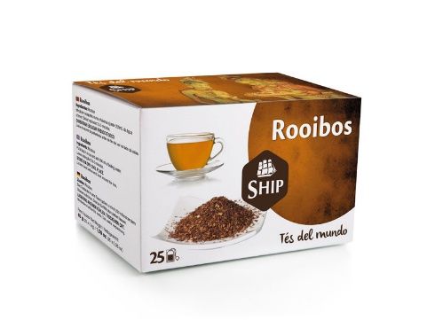 Caja de té Rooibos de barco con ilustración de taza de té y té suelto.