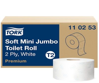 Caja de rollos de papel higiénico Tork Soft Mini Jumbo con un solo rollo en el frente.
