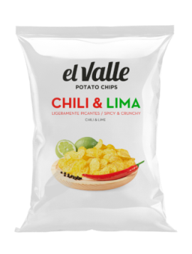 Bolsa de papas fritas El Valle Chili & Lima, con ilustración de papas fritas, chile y lima.