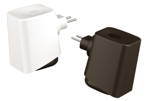 Adaptadores de corriente blancos y negros con dos clavijas, cada uno con una rejilla de ventilación en la parte superior.