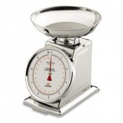 Una báscula de cocina de acero inoxidable con esfera redonda y recipiente.