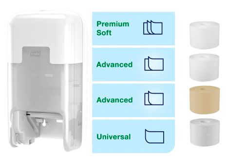 Dispensador de toallas de papel blanco con cuatro opciones de papel: Premium Soft, Advanced, Advanced, Universal.