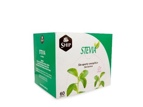 Caja de edulcorante Stevia Ship, envase verde y blanco con ilustración de planta. Contiene 60 porciones.