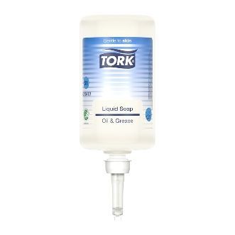 Dispensador de jabón líquido Tork. Envase blanco con etiqueta azul y boquilla dosificadora. Para aceite y grasa.