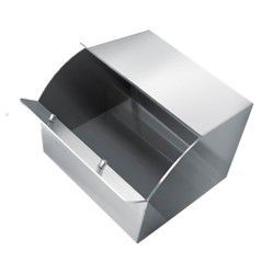 Papelera de acero inoxidable con tapa abierta, parte trasera curva y puerta con bisagras.