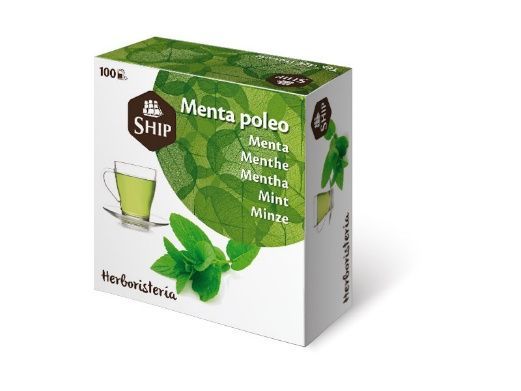Caja de bolsitas de té SHIP Menta Poleo con hojas de menta y un gráfico de taza de té.