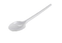 Cuchara de plástico blanca sobre fondo blanco.