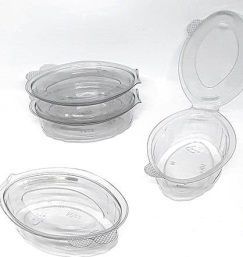 Contenedores de alimentos ovalados, de plástico transparente, con tapas adjuntas, apilados y abiertos.