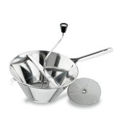 Molino de alimentos de acero inoxidable con cuchilla giratoria y disco intercambiable.