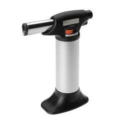 Soplete de butano con componentes negros y plateados.