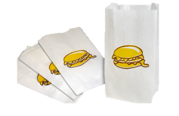 Bolsas de papel blancas con gráfico de hamburguesa amarilla; tres apiladas a la izquierda y una en posición vertical.
