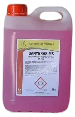 Líquido de color rosa en recipiente de 5 litros con asa y tapón naranja, etiquetado 