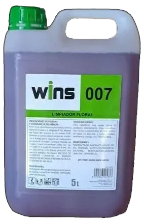 Líquido morado en jarra de 5L de limpiador “WINS 007 LIMPIADOR FLORAL” con tapón y etiqueta de color verde.