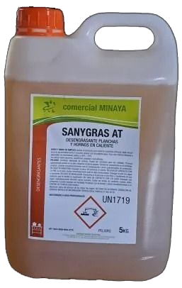 Jarra de plástico de solución limpiadora Sanygras AT con tapón y etiqueta de color naranja, símbolo de peligro UN1719.