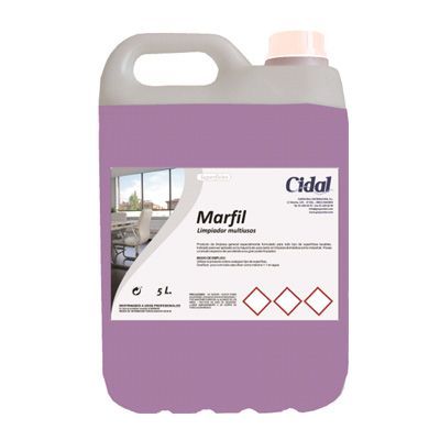 Contenedor de líquido morado etiquetado como 