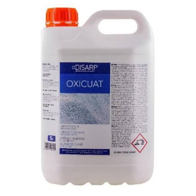 Una botella de 5 litros de solución hidroalcohólica Dreamhand con etiquetas de peligro, tapón rojo y recipiente blanco.