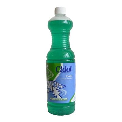 Botella verde de limpiador Cidal con etiqueta azul y blanca.