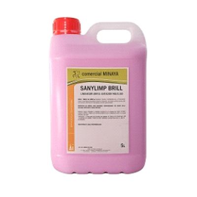 Envase rosa de 5 litros de solución limpiadora Sanylimp Brill con tapón y asa de color rojo, etiqueta visible.