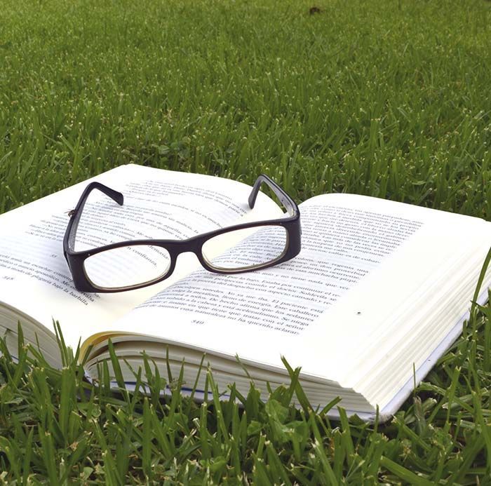 Un par de gafas descansa sobre un libro abierto en el césped.