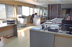 Una mujer se sienta frente a una computadora en una oficina.