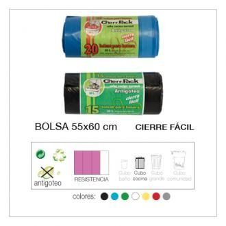 Una bolsa de basura azul y negra con una etiqueta que dice bolsa 55x60 cm cierre facil