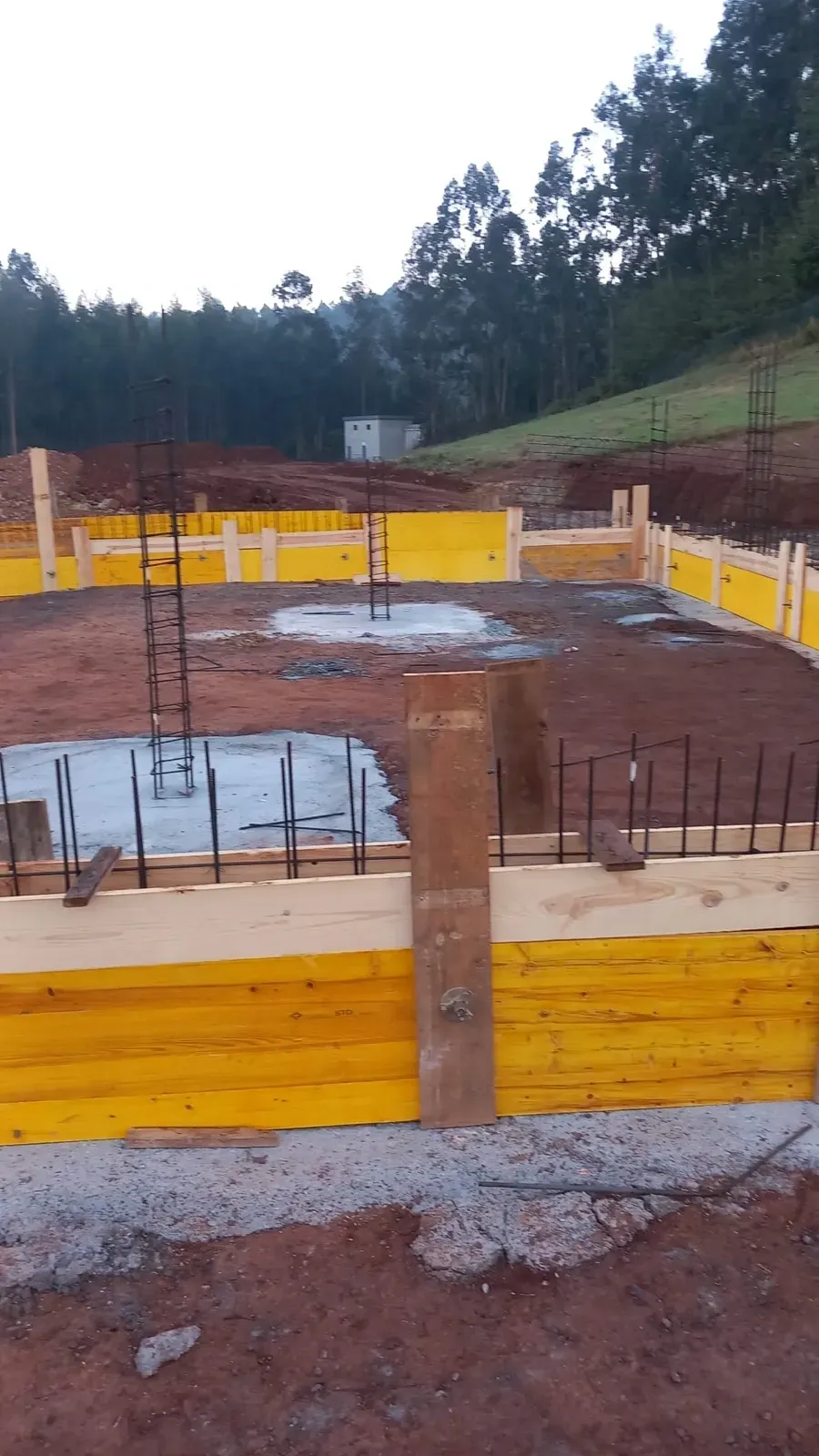 Obra en construcción: encofrados de madera delimitan los cimientos, con varillas de refuerzo que sobresalen. Árboles verdes y cielo al fondo.
