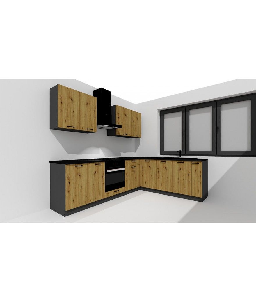 Une cuisine avec des armoires en bois, une cuisinière et une table.