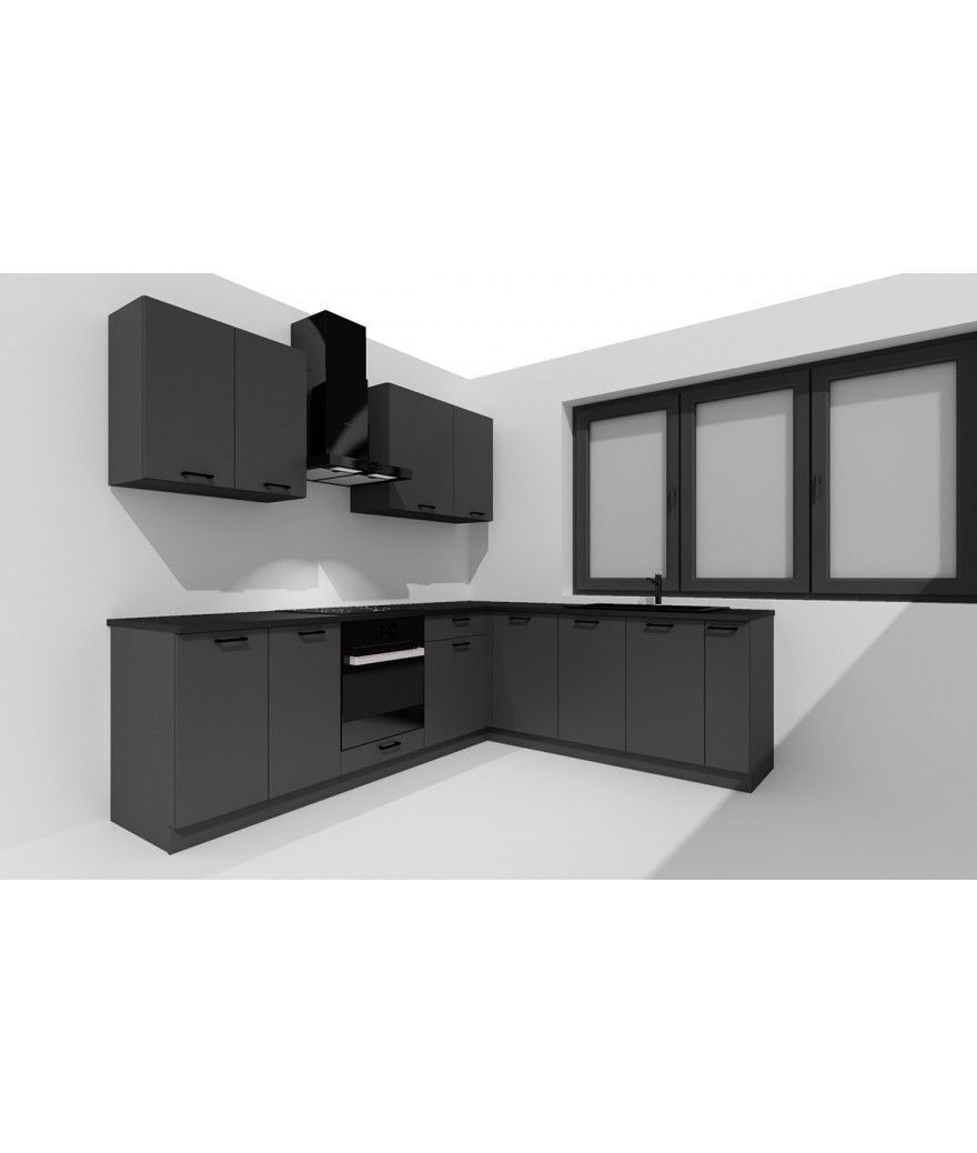 Une cuisine avec des armoires noires, des comptoirs noirs, une cuisinière et une hotte.